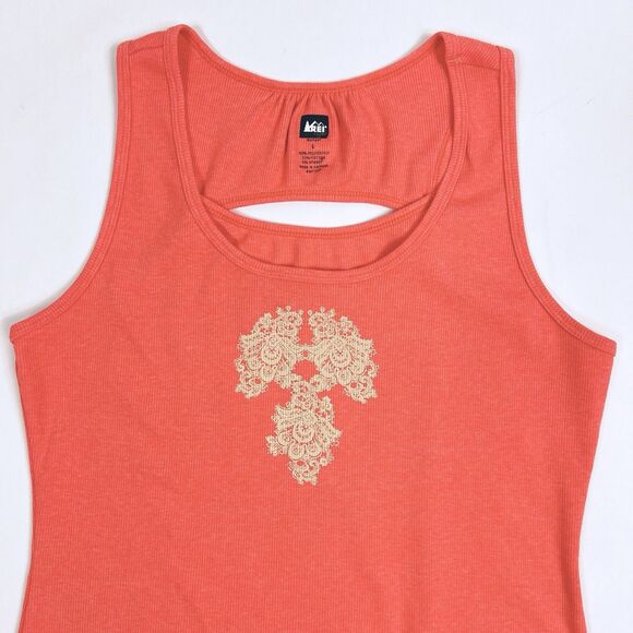 REI Coral Orange Ribbed Damask Graphic Cutout Back Athletic Tank Top Large - Picture 2 of 7